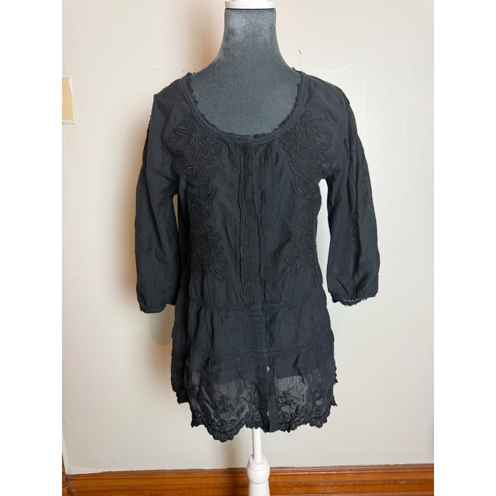 Velvet by‎ Graham & Spencer Black Embroidered Tunic Blouse XS Boho Lace peasant